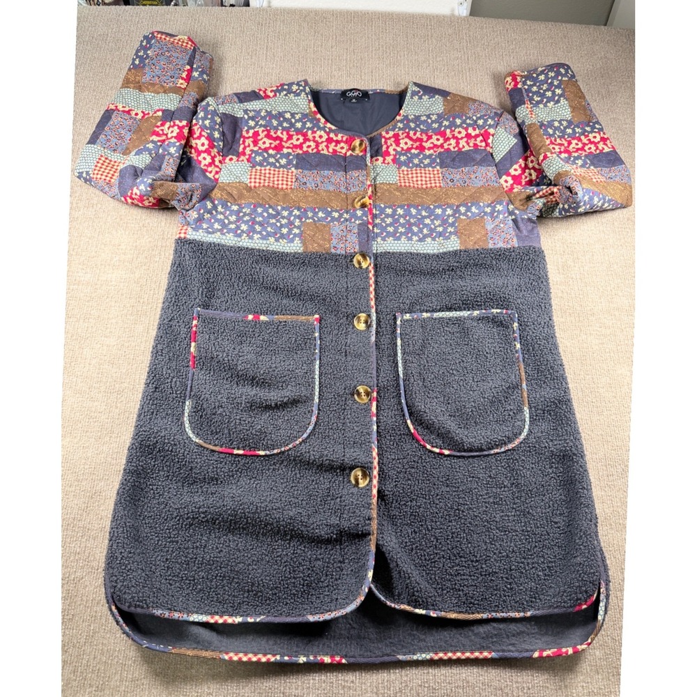 GIGIO USA Patchwork Quilted Sherpa Jacket – Cottagecore Boho Button Front Size M - Picture 2 of 10